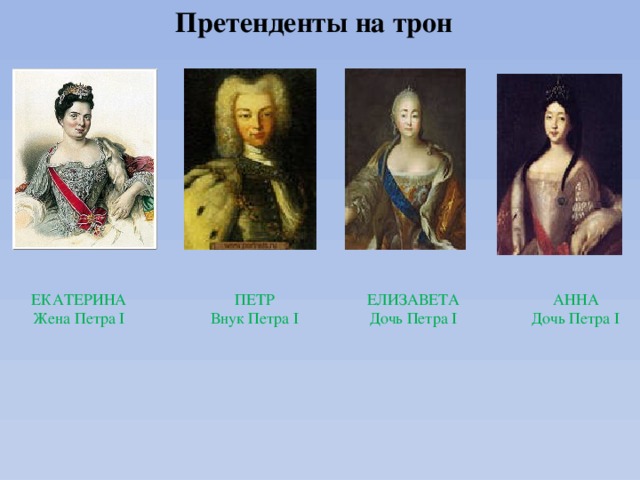Претенденты на трон ЕКАТЕРИНА ПЕТР ЕЛИЗАВЕТА АННА Жена Петра I Внук Петра I Дочь Петра I Дочь Петра I 