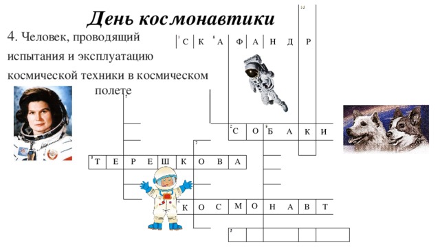 День космонавтики 4 . Человек, проводящий испытания и эксплуатацию космической техники в космическом  полете   К С А Р Д Н А Ф С О Б А К И О А В Т Е Р К Ш Е О М А В Т С Н О К