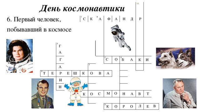 День космонавтики 6. Первый человек, побывавший в космосе К С Ф А Н Д Р А Г А С О Г Б А И К А А О К Ш Е Е Р Т В И Н О М Т В А Н С О К Л В Е О Р О К