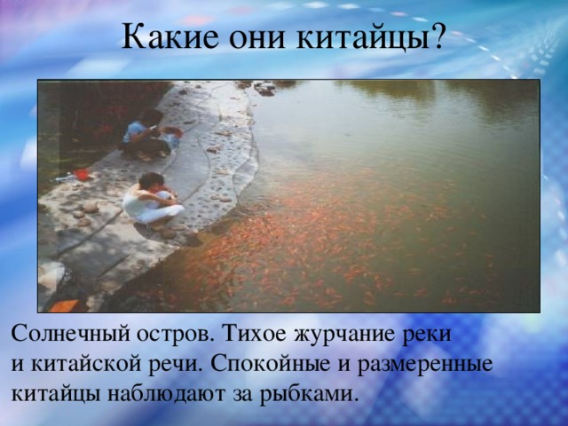 Какие они китайцы? Солнечный остров. Тихое журчание реки и китайской речи.  Спокойные и размеренные китайцы наблюдают за рыбками. 