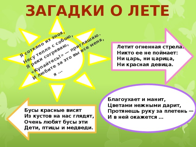 Загадки о лете Я соткано из зноя, Несу тепло с собою,  Я реки согреваю,  «Купайтесь!» — приглашаю.  И любите за это вы все меня,  я …   Летит огненная стрела.  Никто ее не поймает:  Ни царь, ни царица,  Ни красная девица. Благоухает и манит,  Цветами нежными дарит,  Протянешь руку за плетень —  И в ней окажется … Бусы красные висят  Из кустов на нас глядят,  Очень любят бусы эти  Дети, птицы и медведи. 