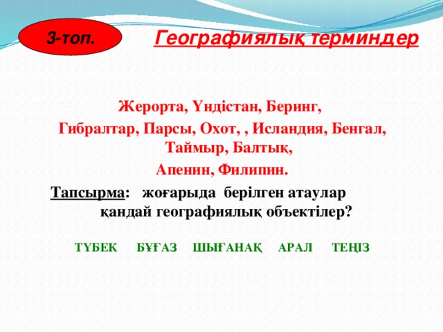 3-топ. Географиялық терминдер Жерорта, Үндістан, Беринг,  Гибралтар, Парсы, Охот, , Исландия, Бенгал, Таймыр, Балтық, Апенин, Филипин. Тапсырма : жоғарыда берілген атаулар қандай географиялық объектілер?  ТҮБЕК БҰҒАЗ ШЫҒАНАҚ АРАЛ ТЕҢІЗ 