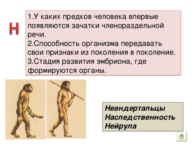 1.У каких предков человека впервые появляются зачатки членораздельной речи. 2.Способность организма передавать свои признаки из поколения в поколение. 3.Стадия развития эмбриона, где формируются органы. Неандертальцы Наследственность Нейрула 