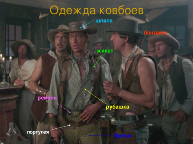Одежда ковбоев шляпа бандана жилет ремень рубашка портупея брюки 