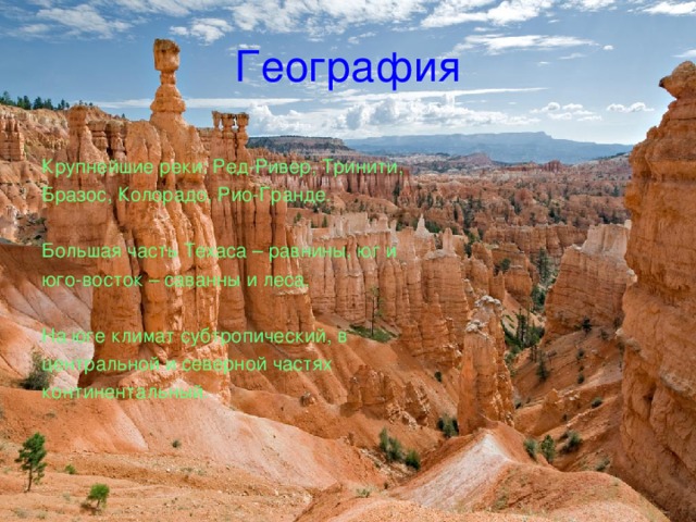 География Крупнейшие реки: Ред-Ривер, Тринити, Бразос, Колорадо, Рио-Гранде. Большая часть Техаса – равнины, юг и юго-восток – саванны и леса. На юге климат субтропический, в центральной и северной частях континентальный. 