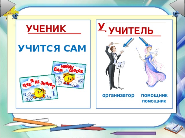 У_________        У   УЧИТСЯ САМ УЧЕНИК  У  УЧИТЕЛЬ организатор  помощник  организатор помощник 