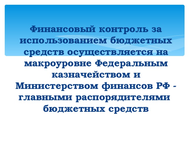 Финансовый контроль за использованием бюджетных средств осуществляется на макроуровне Федеральным казначейством и Министерством финансов РФ - главными распорядителями бюджетных средств  