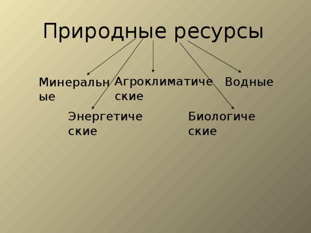 Природные ресурсы Агроклиматические Водные Минеральные Энергетические Биологические 