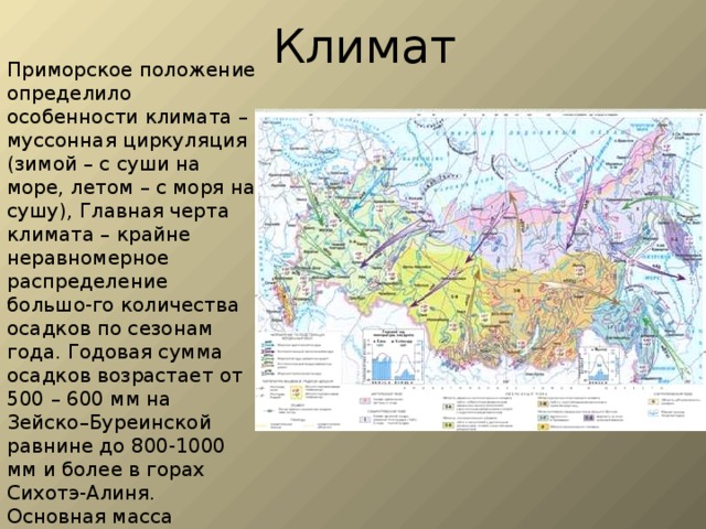 Климат Приморское положение определило особенности климата – муссонная циркуляция (зимой – с суши на море, летом – с моря на сушу), Главная черта климата – крайне неравномерное распределение большо-го количества осадков по сезонам года. Годовая сумма осадков возрастает от 500 – 600 мм на Зейско–Буреинской равнине до 800-1000 мм и более в горах Сихотэ-Алиня. Основная масса осадков выпадает летом в виде ливневых дождей.  Зимой осадков выпадает мало, мощ-ность снежного покрова не велика .  