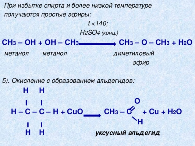  При избытке спирта и более низкой температуре  получаются простые эфиры:  t   H 2 SO 4 (конц.) СН 3 – ОН + ОН – СН 3 CH 3 – O – CH 3 + H 2 O  метанол  метанол диметиловый  эфир  5). Окисление с образованием альдегидов:  H H  O  Н – С – С – Н + CuO CH 3 – C + Cu + H 2 O    H   H H   уксусный альдегид   