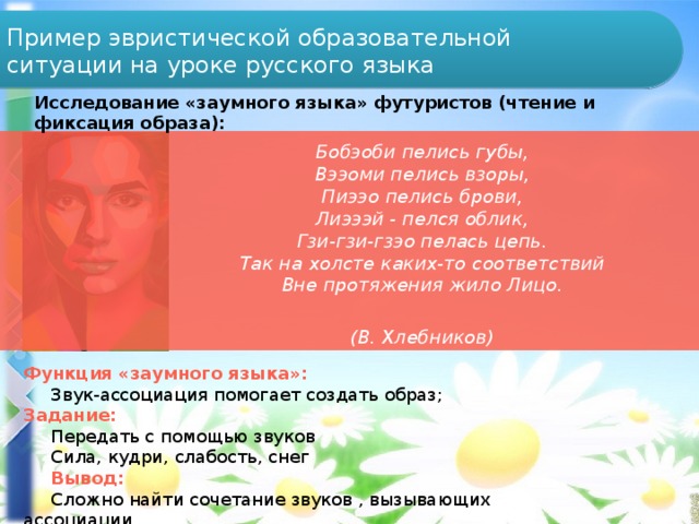 Пример эвристической образовательной ситуации на уроке русского языка Исследование «заумного языка» футуристов (чтение и фиксация образа):  Бобэоби пелись губы,  Вээоми пелись взоры,  Пиээо пелись брови,  Лиэээй - пелся облик,  Гзи-гзи-гзэо пелась цепь.  Так на холсте каких-то соответствий  Вне протяжения жило Лицо.  (В. Хлебников) Функция «заумного языка»: Звук-ассоциация помогает создать образ; Задание:  Передать с помощью звуков Сила, кудри, слабость, снег Вывод: Сложно найти сочетание звуков , вызывающих ассоциации 