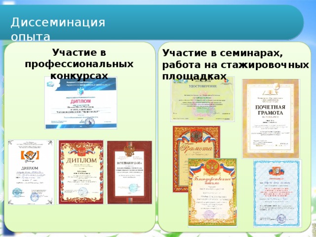 Диссеминация опыта   Участие в профессиональных конкурсах Участие в семинарах, работа на стажировочных площадках 
