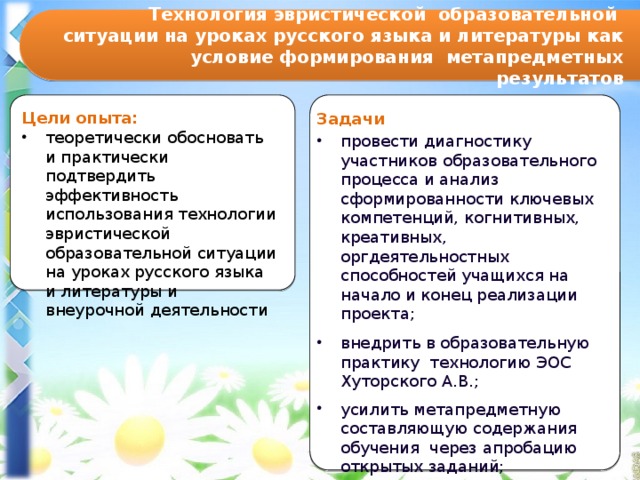 Технология эвристической образовательной ситуации на уроках русского языка и литературы как условие формирования метапредметных результатов Цели опыта: теоретически обосновать и практически подтвердить эффективность использования технологии эвристической образовательной ситуации на уроках русского языка и литературы и внеурочной деятельности Задачи провести диагностику участников образовательного процесса и анализ сформированности ключевых компетенций, когнитивных, креативных, оргдеятельностных способностей учащихся на начало и конец реализации проекта; внедрить в образовательную практику технологию ЭОС  Хуторского А.В.; усилить метапредметную составляющую содержания обучения через апробацию открытых заданий; разработать и организовать урочные и внеурочные мероприятия на основе технологии ЭОС; 