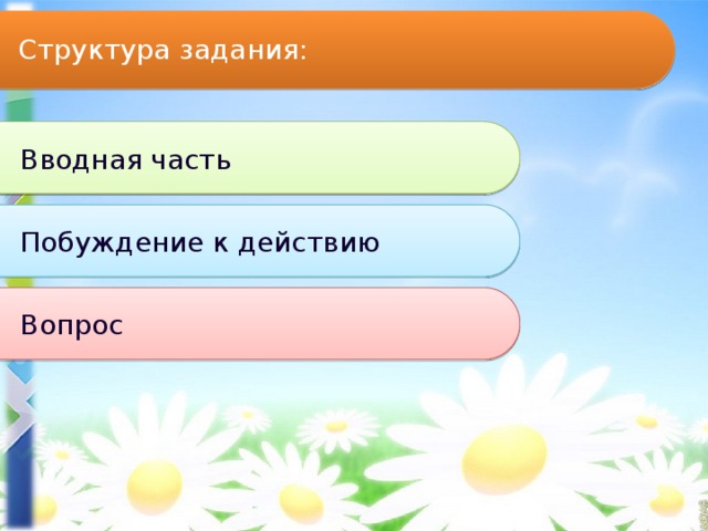 Структура задания: Вводная часть Побуждение к действию Вопрос 