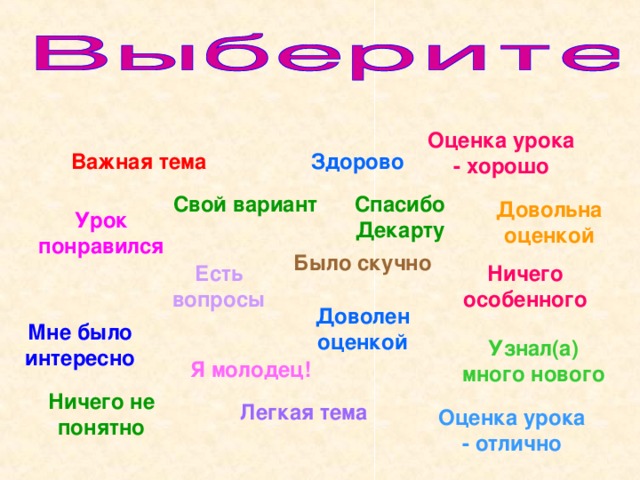 Оценка урока - хорошо Здорово Важная тема Спасибо Декарту Свой вариант Довольна оценкой Урок понравился Было скучно Есть вопросы Ничего особенного Доволен оценкой Мне было интересно Узнал(а) много нового Я молодец! Ничего не понятно Легкая тема Оценка урока - отлично 