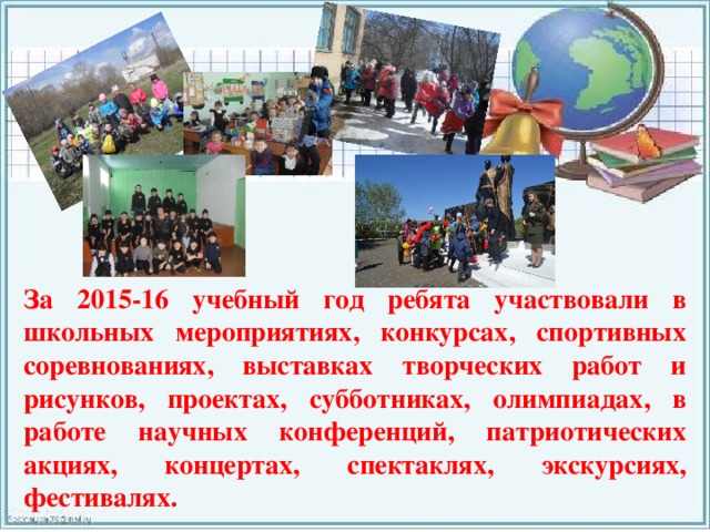За 2015-16 учебный год ребята участвовали в школьных мероприятиях, конкурсах, спортивных соревнованиях, выставках творческих работ и рисунков, проектах, субботниках, олимпиадах, в работе научных конференций, патриотических акциях, концертах, спектаклях, экскурсиях, фестивалях. 