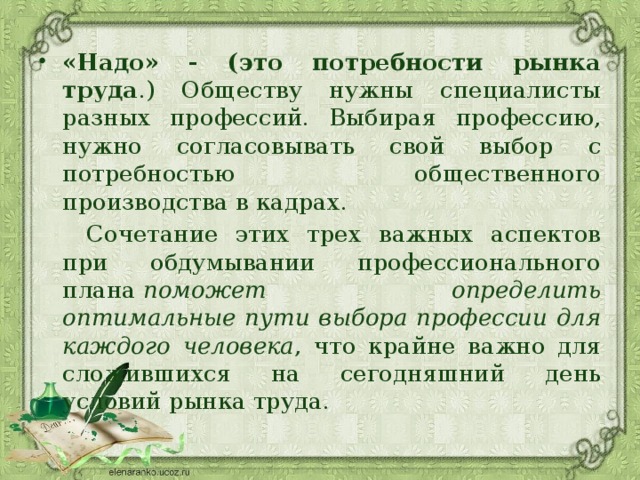 «Надо» - (это потребности рынка труда .) Обществу нужны специалисты разных профессий. Выбирая профессию, нужно согласовывать свой выбор с потребностью общественного производства в кадрах. Сочетание этих трех важных аспектов при обдумывании профессионального плана  поможет определить оптимальные пути выбора профессии для каждого человека , что крайне важно для сложившихся на сегодняшний день условий рынка труда. 