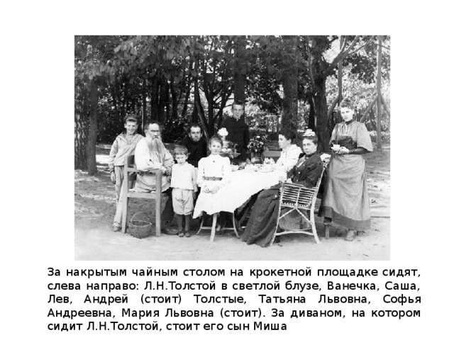 За накрытым чайным столом на крокетной площадке сидят, слева направо: Л.Н.Толстой в светлой блузе, Ванечка, Саша, Лев, Андрей (стоит) Толстые, Татьяна Львовна, Софья Андреевна, Мария Львовна (стоит). За диваном, на котором сидит Л.Н.Толстой, стоит его сын Миша