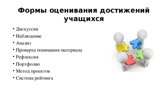 Формы оценивания достижений учащихся Дискуссия Наблюдение Анализ Проверка понимания материала Рефлексия Портфолио Метод проектов Система рейтинга 