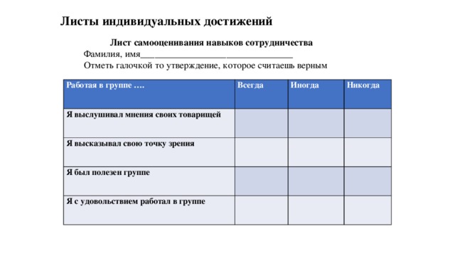 Листы индивидуальных достижений   Лист самооценивания навыков сотрудничества Фамилия, имя________________________________ Отметь галочкой то утверждение, которое считаешь верным Работая в группе …. Я выслушивал мнения своих товарищей Всегда   Я высказывал свою точку зрения Иногда   Никогда Я был полезен группе       Я с удовольствием работал в группе               