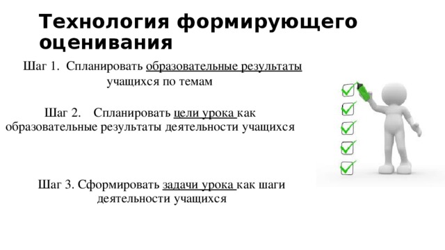 Технология формирующего оценивания  Шаг 1. Спланировать образовательные результаты учащихся по темам Шаг 2. Спланировать цели урока как образовательные результаты деятельности учащихся Шаг 3. Сформировать задачи урока как шаги деятельности учащихся 