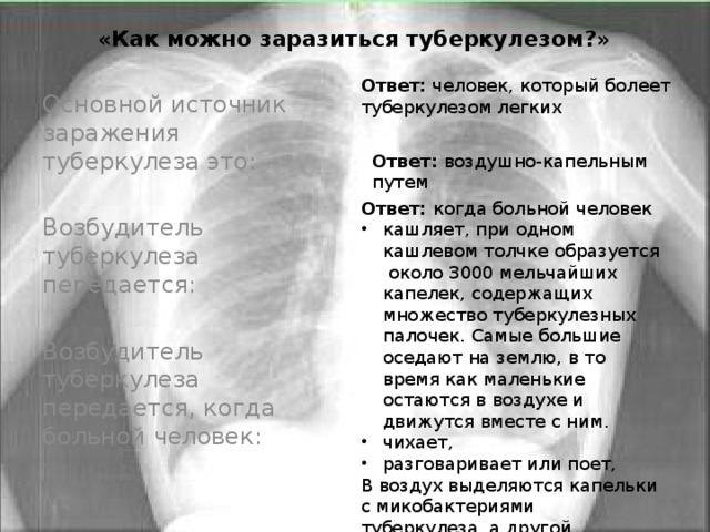 «Как можно заразиться туберкулезом?»   Основной источник заражения туберкулеза это: Возбудитель туберкулеза передается: Возбудитель туберкулеза передается, когда больной человек: . Ответ: человек, который болеет туберкулезом легких Ответ: воздушно-капельным путем Ответ: когда больной человек кашляет, при одном кашлевом толчке образуется около 3000 мельчайших капелек, содержащих множество туберкулезных палочек. Самые большие оседают на землю, в то время как маленькие остаются в воздухе и движутся вместе с ним. чихает, разговаривает или поет, В воздух выделяются капельки с микобактериями туберкулеза, а другой человек их вдыхает 