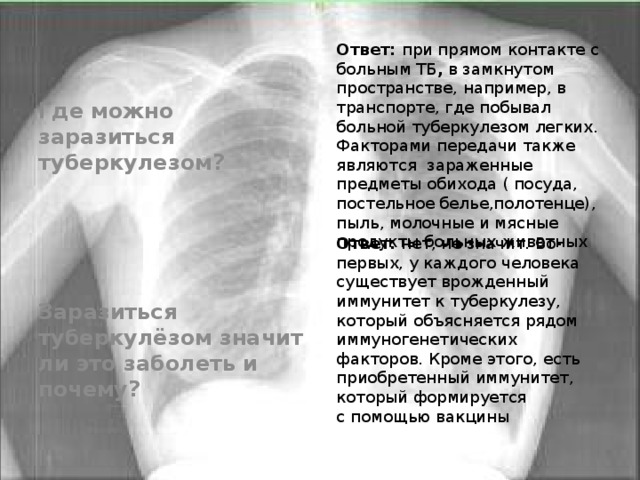 Ответ: при прямом контакте с больным ТБ , в замкнутом пространстве, например, в транспорте, где побывал больной туберкулезом легких. Факторами передачи также являются зараженные предметы обихода ( посуда, постельное белье,полотенце), пыль, молочные и мясные продукты больных животных  Где можно заразиться туберкулезом? Заразиться туберкулёзом значит ли это заболеть и почему? Ответ: нет, не значит. Во-первых, у каждого человека существует врожденный иммунитет к туберкулезу, который объясняется рядом иммуногенетических факторов. Кроме этого, есть приобретенный иммунитет, который формируется с помощью вакцины 