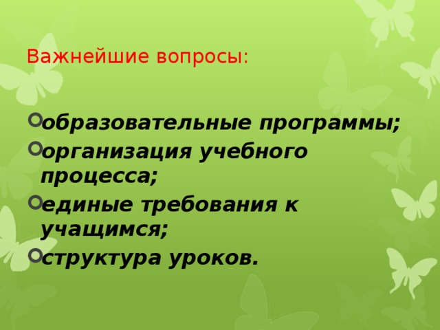 Важнейшие вопросы: образовательные программы; организация учебного процесса; единые требования к учащимся; структура уроков. 
