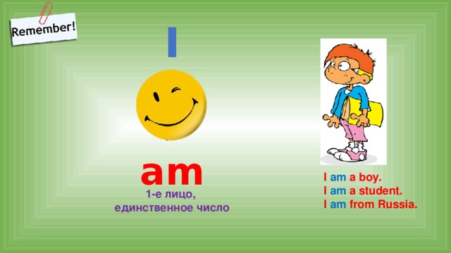 I am I am a boy. I am a student. I am from Russia. 1-е лицо, единственное число 