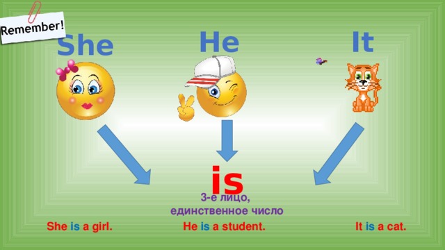 He It She is 3-е лицо, единственное число She is a girl. He is a student. It is a cat. 