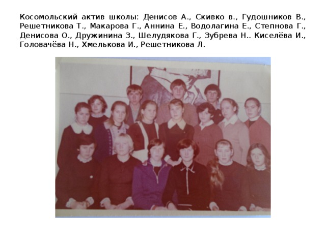 Косомольский актив школы: Денисов А., Скивко в., Гудошников В., Решетникова Т., Макарова Г., Аннина Е., Водолагина Е., Степнова Г., Денисова О., Дружинина З., Шелудякова Г., Зубрева Н.. Киселёва И., Головачёва Н., Хмелькова И., Решетникова Л. 