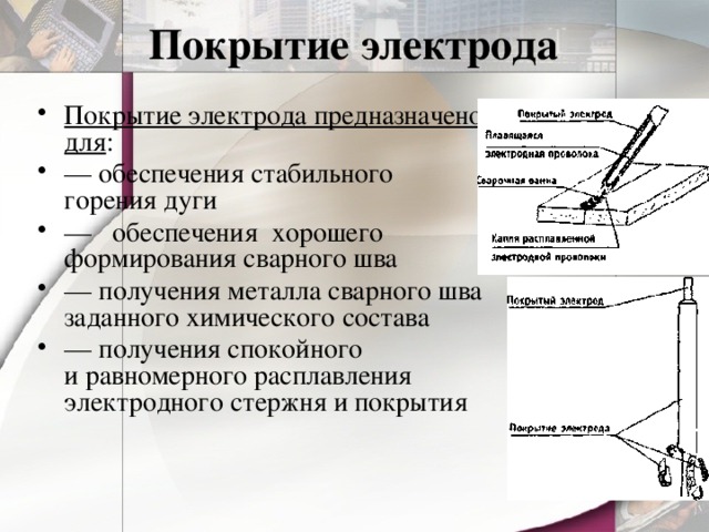 Покрытие электрода Покрытие электрода предназначено для : — обеспечения стабильного  горения дуги — обеспечения хорошего  формирования сварного шва — получения металла сварного шва заданного химического состава — получения спокойного  и равномерного расплавления  электродного стержня и покрытия   