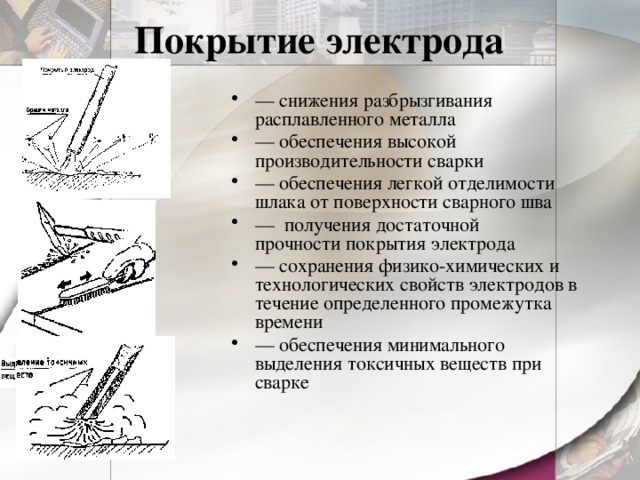 Покрытие электрода — снижения разбрызгивания расплавленного металла — обеспечения высокой  производительности сварки — обеспечения легкой отделимости шлака от поверхности сварного шва — получения достаточной  прочности покрытия электрода — сохранения физико-химических и технологических свойств электродов в течение определенного промежутка  времени — обеспечения минимального выделения токсичных веществ при сварке 