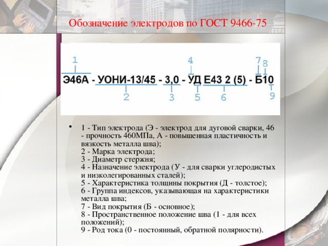 Обозначение электродов по ГОСТ 9466-75  1 - Тип электрода (Э - электрод для дуговой сварки, 46 - прочность 460МПа, А - повышенная пластичность и вязкость металла шва);  2 - Марка электрода;  3 - Диаметр стержня;  4 - Назначение электрода (У - для сварки углеродистых и низколегированных сталей);  5 - Характеристика толщины покрытия (Д - толстое);  6 - Группа индексов, указывающая на характеристики металла шва;  7 - Вид покрытия (Б - основное);  8 - Пространственное положение шва (1 - для всех положений);  9 - Род тока (0 - постоянный, обратной полярности). 