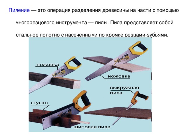 Пиление — это операция разделения древесины на части с помощью   многорезцового инструмента — пилы. Пила представляет собой стальное полотно с насеченными по кромке резцами-зубьями.  Развод зубьев. Чтобы обеспечить. . 