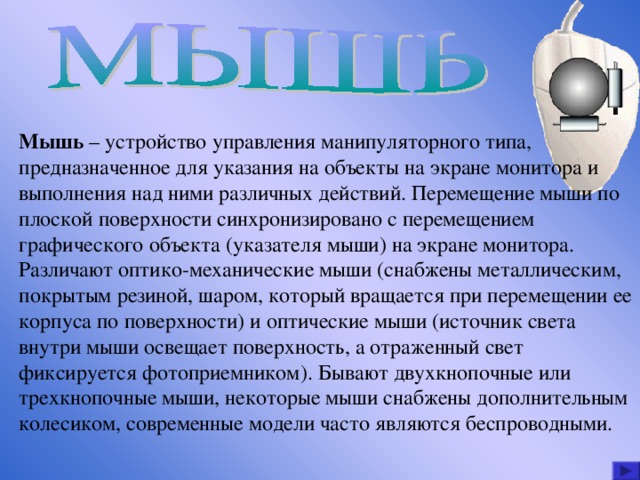 Мышь – устройство управления манипуляторного типа, предназначенное для указания на объекты на экране монитора и выполнения над ними различных действий. Перемещение мыши по плоской поверхности синхронизировано с перемещением графического объекта (указателя мыши) на экране монитора. Различают оптико-механические мыши (снабжены металлическим, покрытым резиной, шаром, который вращается при перемещении ее корпуса по поверхности) и оптические мыши (источник света внутри мыши освещает поверхность, а отраженный свет фиксируется фотоприемником). Бывают двухкнопочные или трехкнопочные мыши, некоторые мыши снабжены дополнительным колесиком, современные модели часто являются беспроводными. 