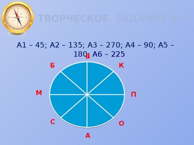 ТВОРЧЕСКОЕ ЗАДАНИЕ № 1 А1 – 45; А2 – 135; А3 – 270; А4 – 90; А5 – 180; А6 – 225 В К Б М П С О А 