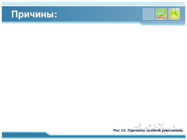 Причины: Рис 12. Причины зелёной революции. 
