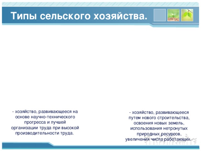 Типы сельского хозяйства. - хозяйство, развивающееся на основе научно-технического прогресса и лучшей организации труда при высокой производительности труда.   - хозяйство, развивающееся путем нового строительства, освоения новых земель, использования нетронутых природных ресурсов, увеличения числа работающих.    