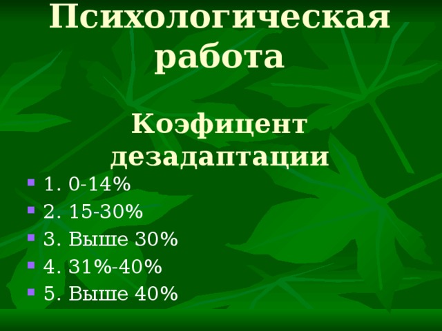 Психологическая работа   Коэфицент дезадаптации 1. 0-14% 2. 15-30% 3. Выше 30% 4. 31%-40% 5. Выше 40%  