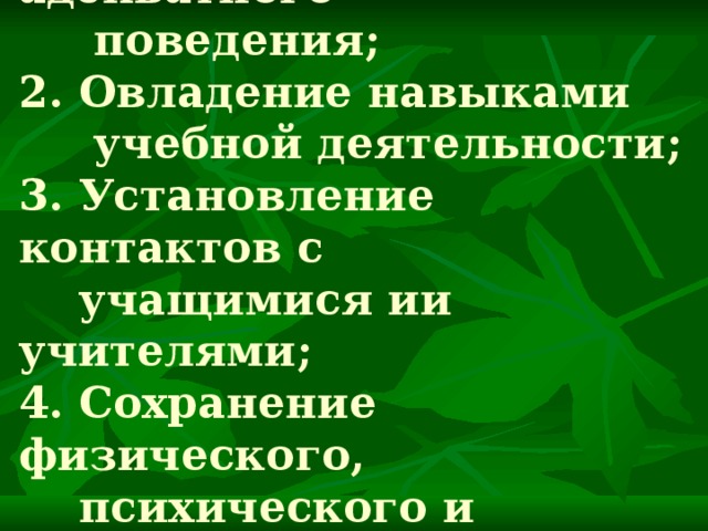 1. Формирование адекватного  поведения;  2. Овладение навыками  учебной деятельности;  3. Установление контактов с  учащимися ии учителями;  4. Сохранение физического,  психического и  социального здоровья  детей. 