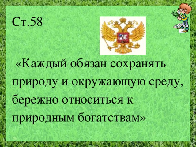 Ст.58  «Каждый обязан сохранять природу и окружающую среду, бережно относиться к природным богатствам» 