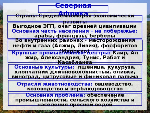 Северная Африка Страны Средиземноморья экономически развиты Выгодное ЭГП, очаг древней цивилизации Основная часть населения – на побережье: арабы, французы, берберы Во внутренних районах - месторожде­ния нефти и газа (Алжир, Ливия), фосфоритов (Марокко) Крупные промышленные центры: Каир, Ал­жир, Александрия, Тунис, Рабат и Касабланка Основные культуры: пшеница, кукуруза, хлопчатник длинноволокнистый, оливки, виноград, цитрусовые и финиковая пальма Отрасли животноводства: овцеводство, козоводство и верблюдоводство Основная проб­лема: обеспечение промышленности, сельского хозяйства и насе­ления пресной водой 