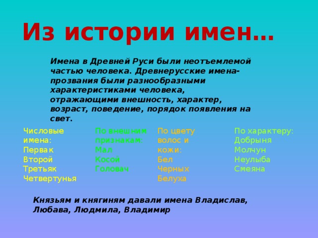 Из истории имен… Имена в Древней Руси были неотъемлемой частью человека. Древнерусские имена-прозвания были разнообразными характеристиками человека, отражающими внешность, характер, возраст, поведение, порядок появления на свет. По характеру: Числовые имена: По цвету волос и кожи: По внешним признакам: Первак Бел Мал Добрыня Второй Молчун Черных Косой Неулыба Белуха Головач Третьяк Четвертунья Смеяна Князьям и княгиням давали имена Владислав, Любава, Людмила, Владимир 