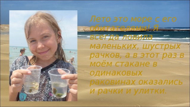 Лето это море с его обитателями! Я всегда ловила маленьких, шустрых рачков, а в этот раз в моём стакане в одинаковых раковинах оказались и рачки и улитки. 