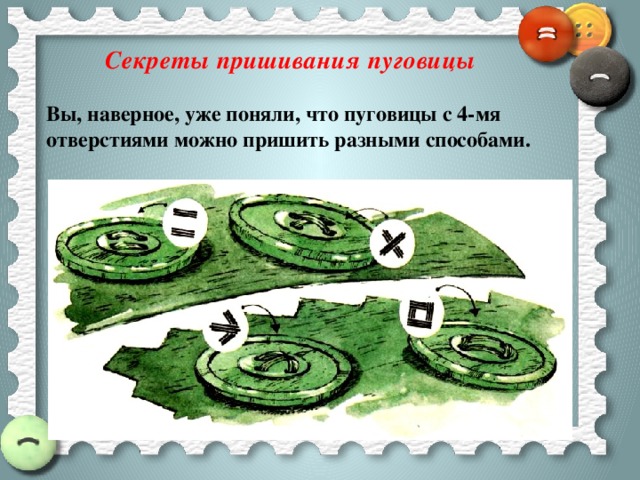 Секреты пришивания пуговицы Вы, наверное, уже поняли, что пуговицы с 4-мя отверстиями можно пришить разными способами. 