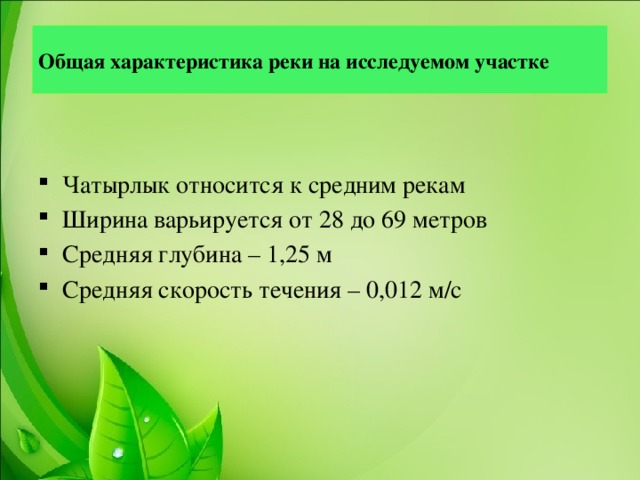 Общая характеристика реки на исследуемом участке Чатырлык относится к средним рекам Ширина варьируется от 28 до 69 метров Средняя глубина – 1,25 м Средняя скорость течения – 0,012 м/с  
