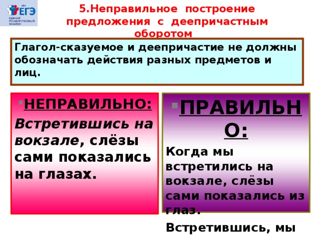 5.Неправильное построение предложения с деепричастным оборотом Глагол-сказуемое и деепричастие не должны обозначать действия разных предметов и лиц.  НЕПРАВИЛЬНО: ПРАВИЛЬНО: Встретившись на вокзале , слёзы сами показались на глазах. Когда мы встретились на вокзале, слёзы сами показались из глаз.  Встретившись, мы заплакали. 