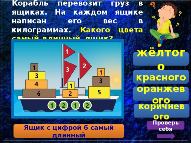Корабль перевозит груз в ящиках. На каждом ящике написан его вес в килограммах. Какого цвета самый длинный ящик? жёлтого красного оранжевого коричневого Проверь себя Ящик с цифрой 6 самый длинный 