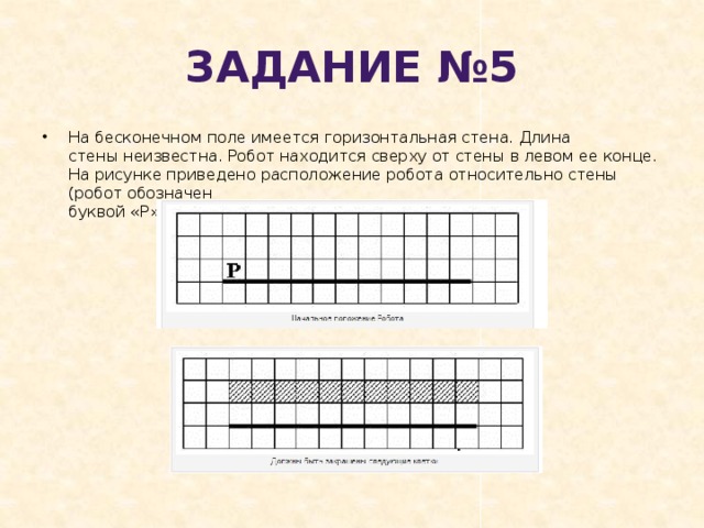 Задание №5 На бесконечном поле имеется горизонтальная стена. Длина стены неизвестна. Робот находится сверху от стены в левом ее конце. На рисунке приведено расположение робота относительно стены (робот обозначен  буквой «Р»): 